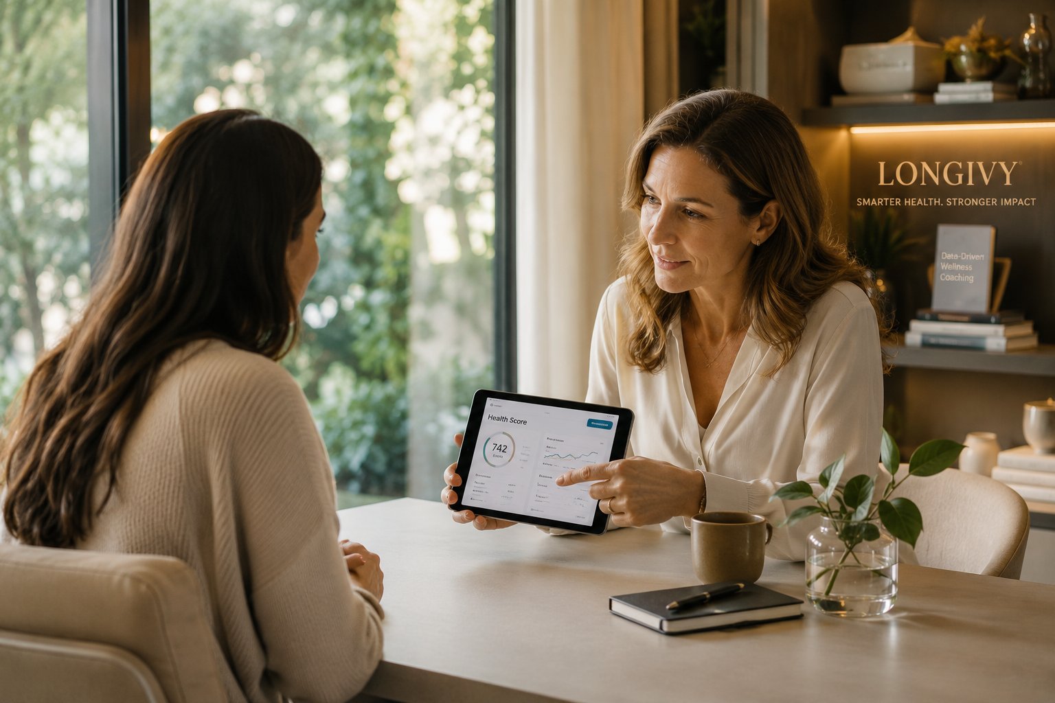 A wellness coach reviews client progress on an iPad in a bright, modern office — the kind of partnership Longivy enables
