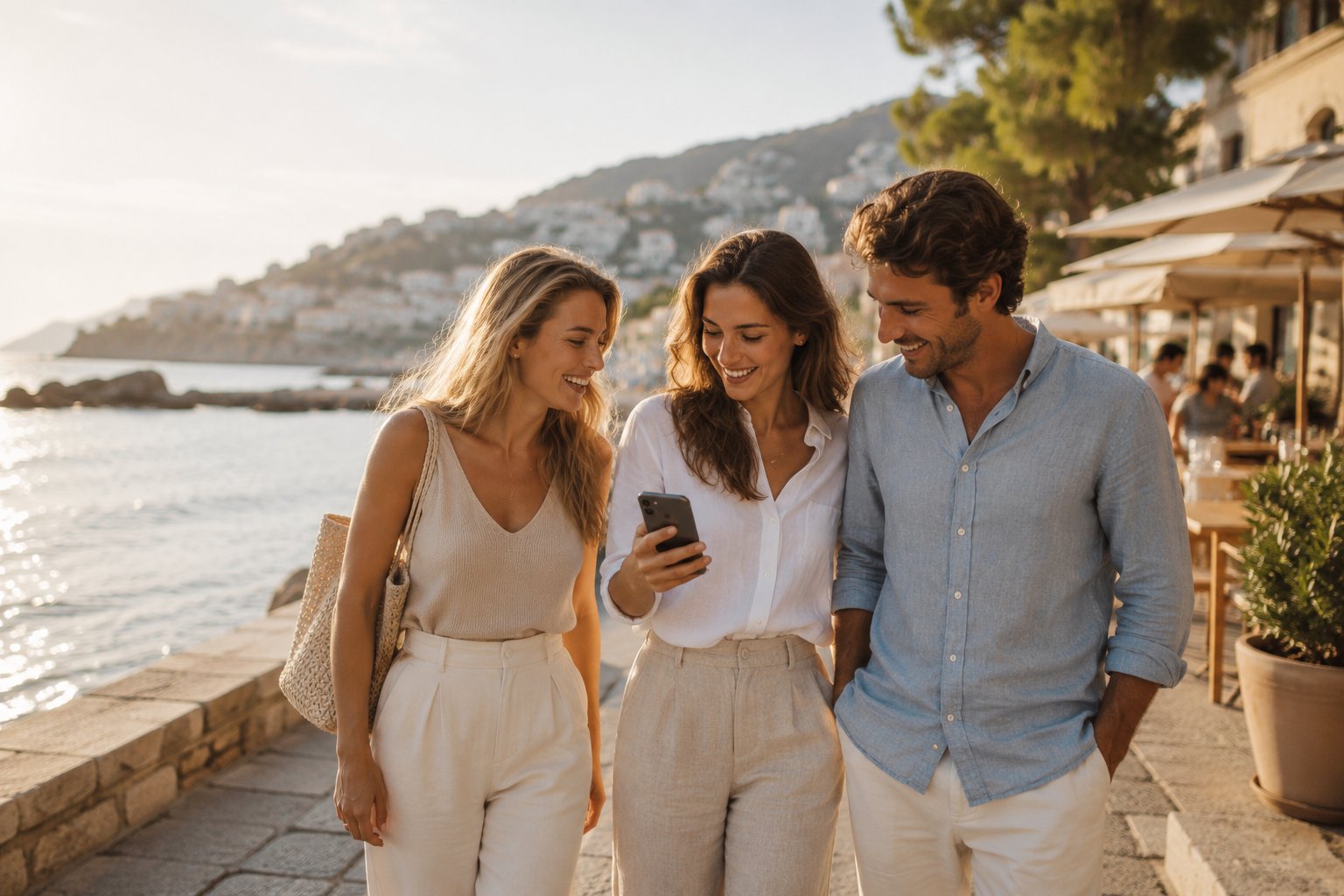 Three friends walking along a seaside promenade, sharing wellness progress together