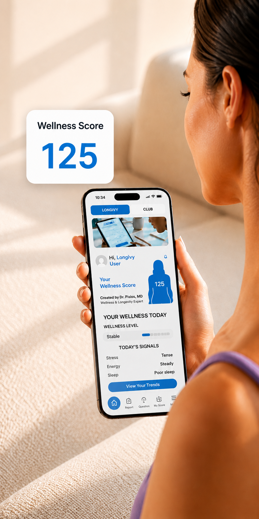 A woman checking her Longivy Health Score on her phone