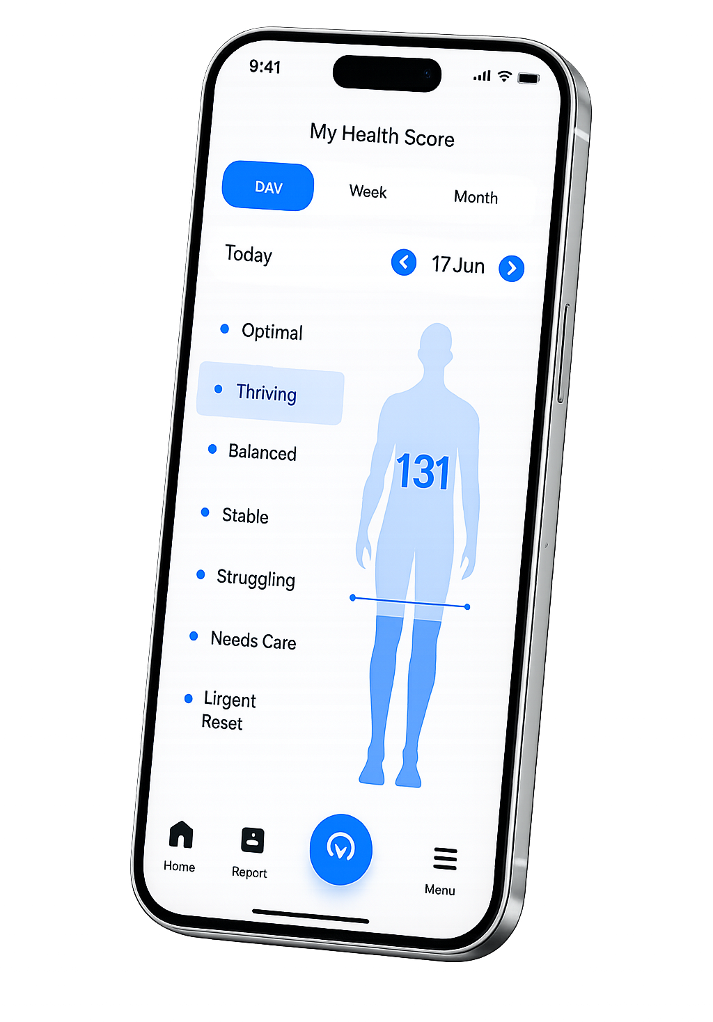 Longivy app showing My Health Score with a body wellness map