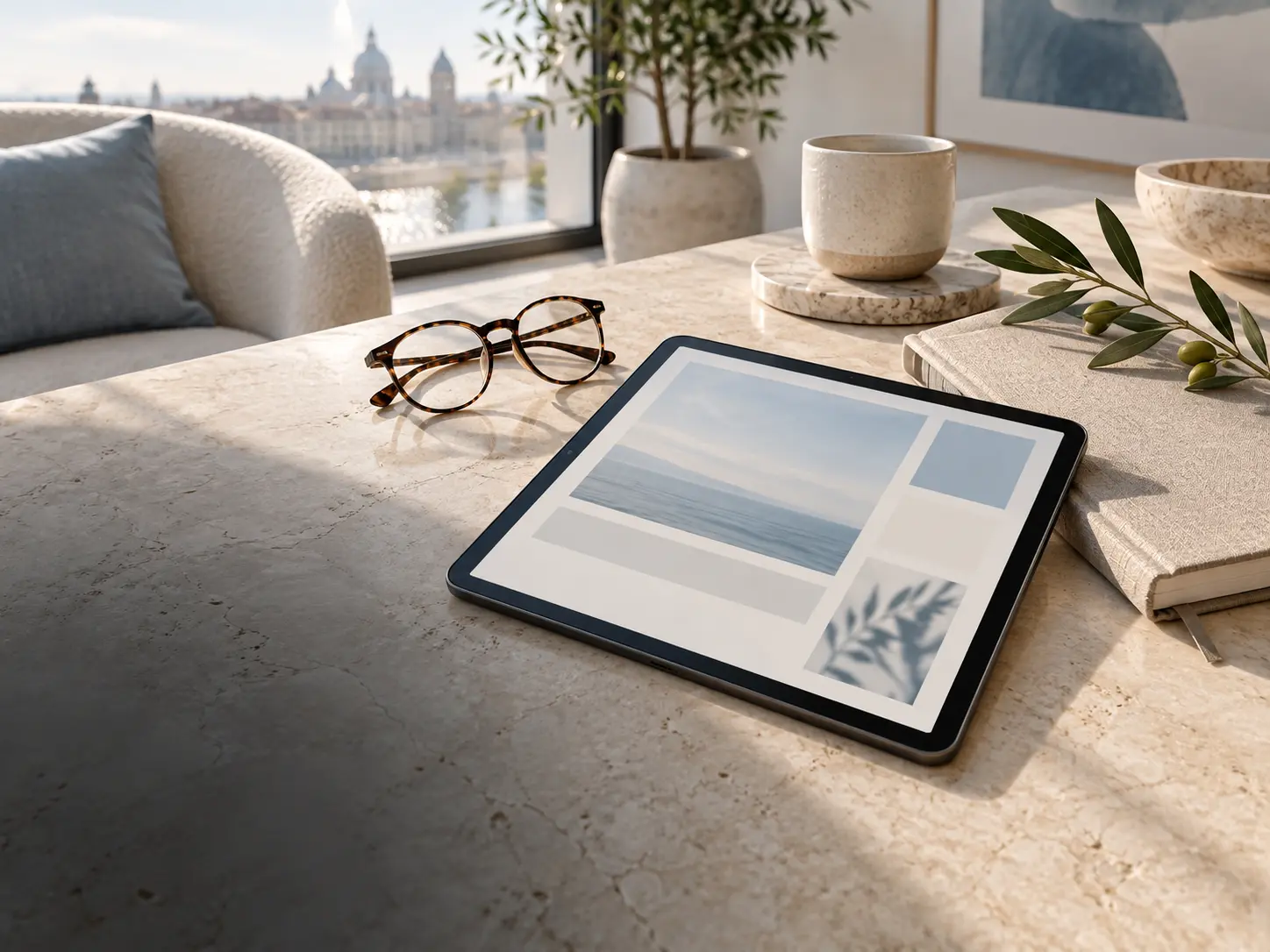 A tablet showing a Longivy article on a sunlit table beside reading glasses