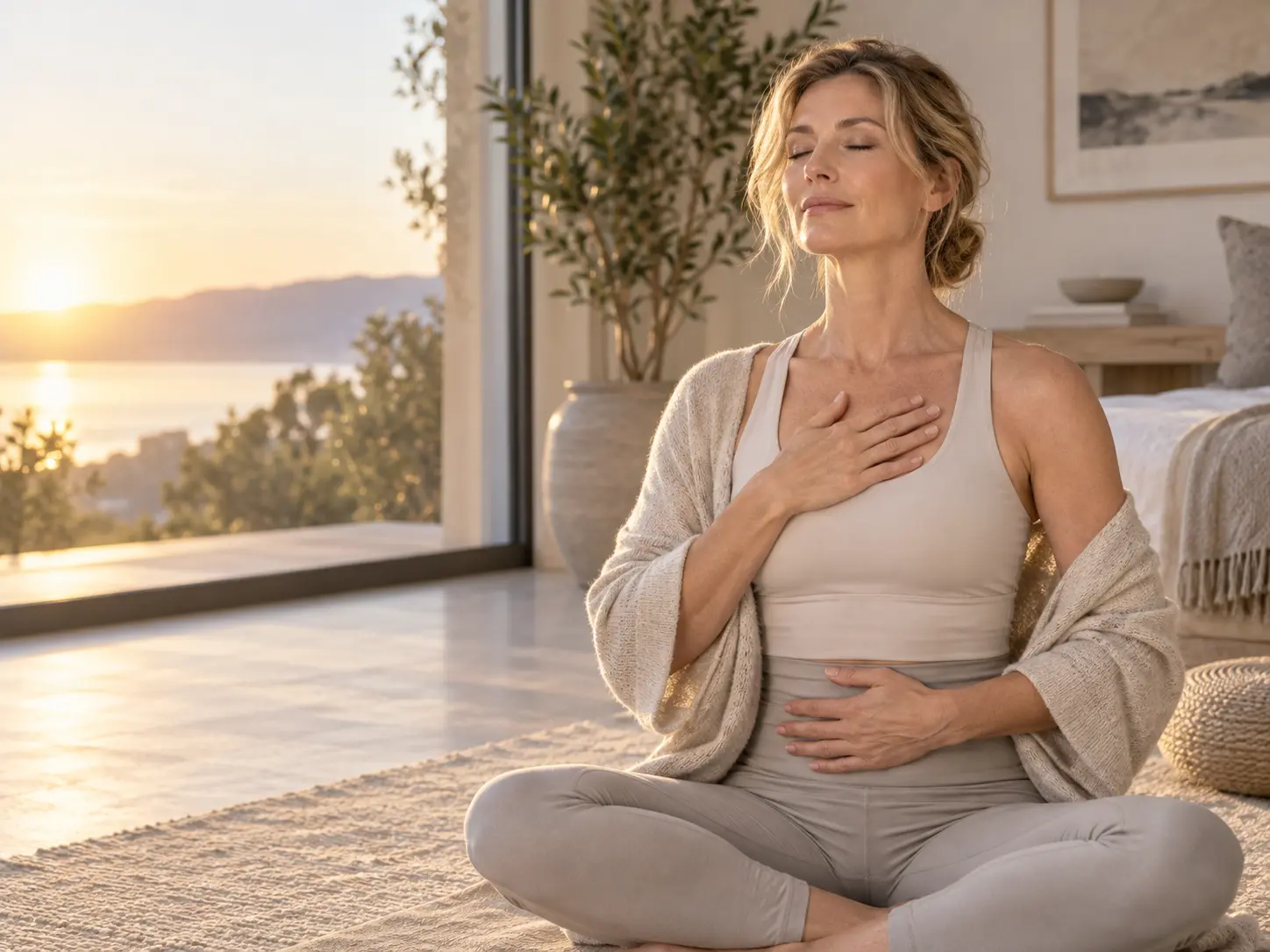 A woman sitting cross-legged with eyes closed, one hand on her chest, in a calm sunlit room