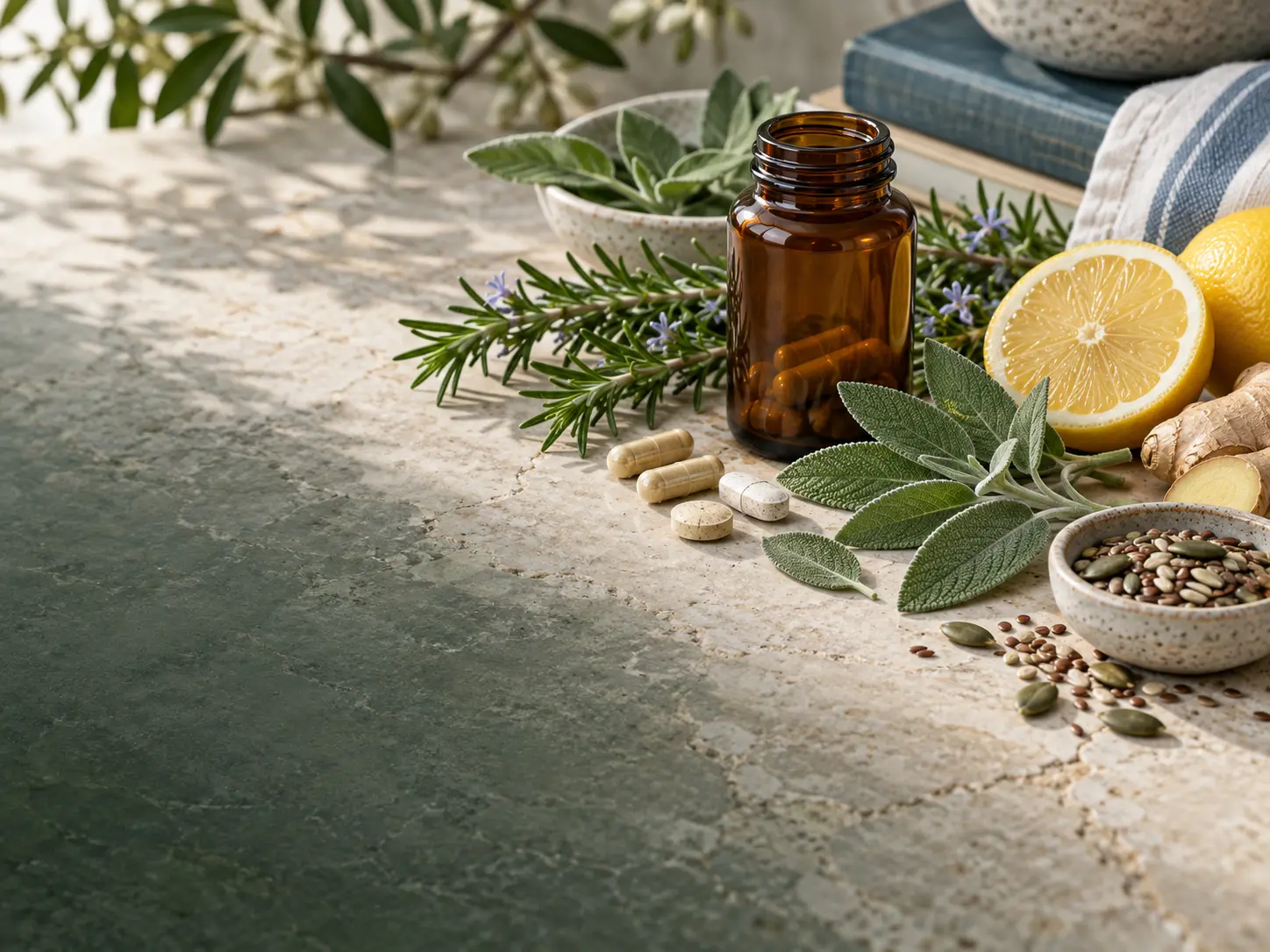 Herbs, citrus, seeds and a supplement bottle arranged on a stone surface