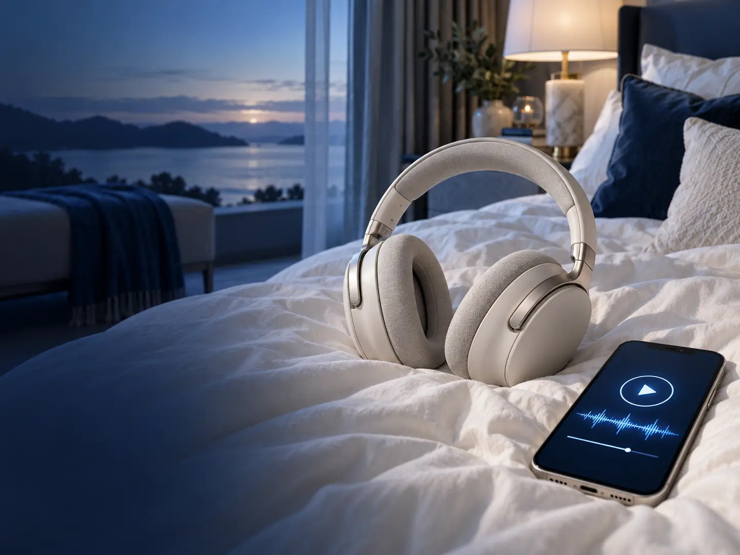 Headphones and a phone playing an audiobook on a bed at dusk