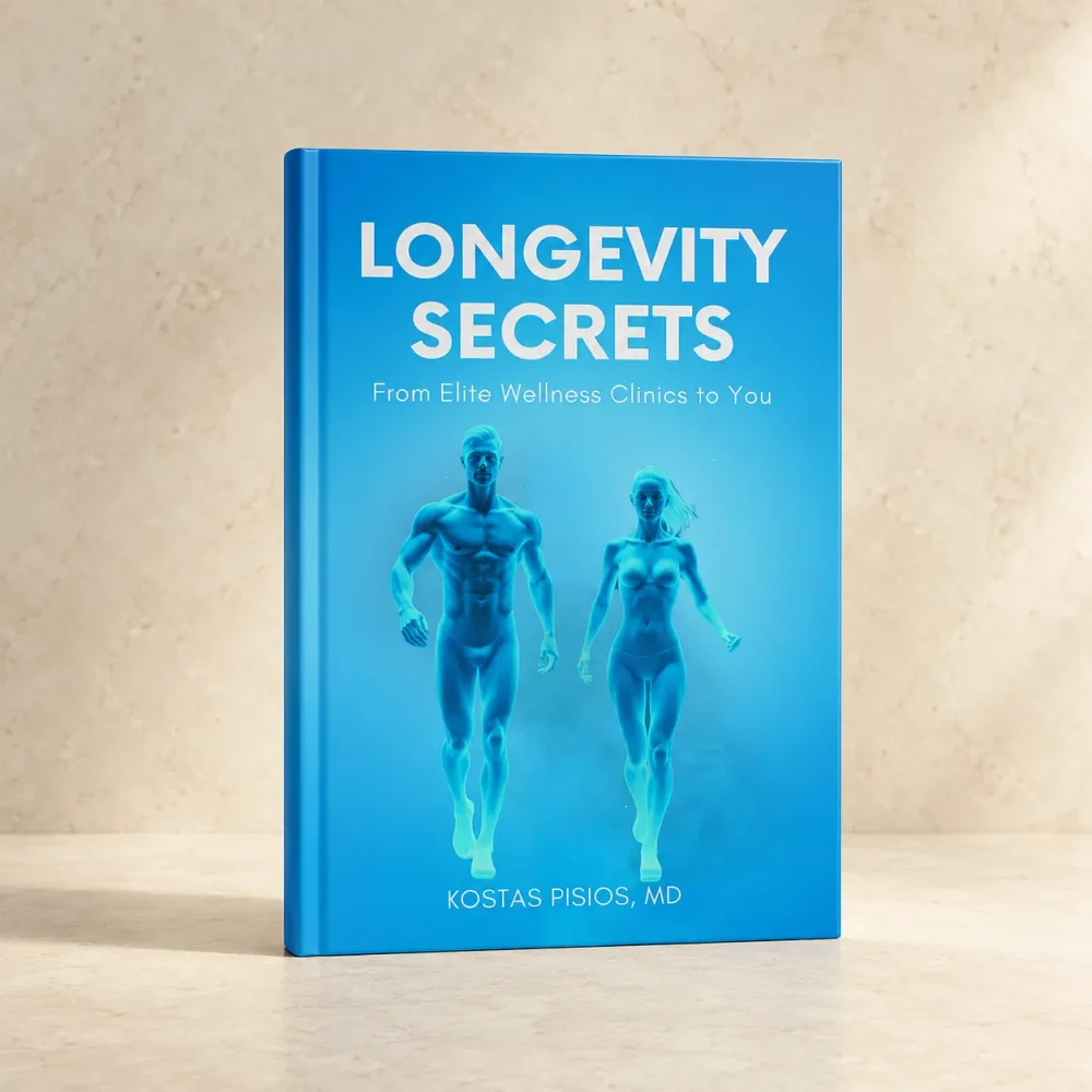 Longevity Secrets by Dr Kostas Pisios, MD — upright book mockup