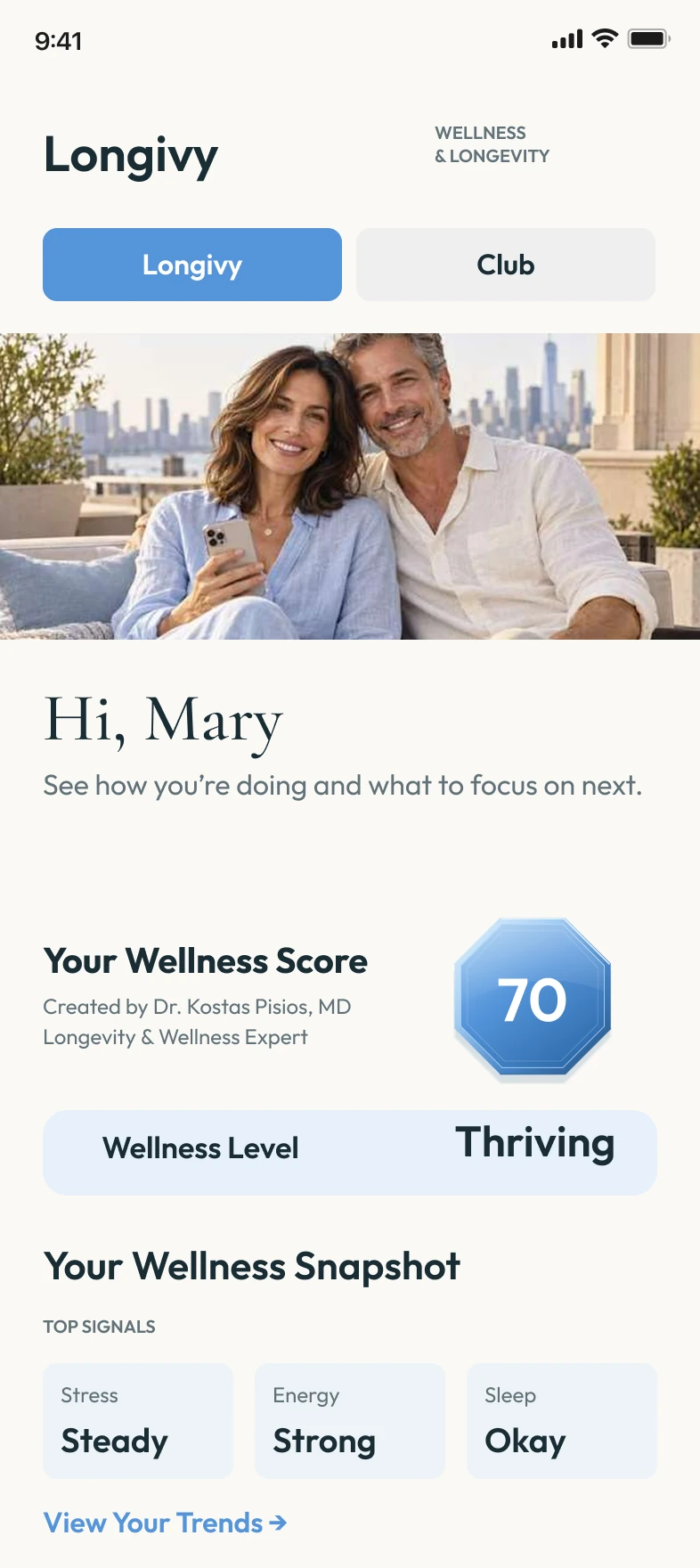 The Longivy home screen with a personal Wellness Score, Wellness Level and today's top signals