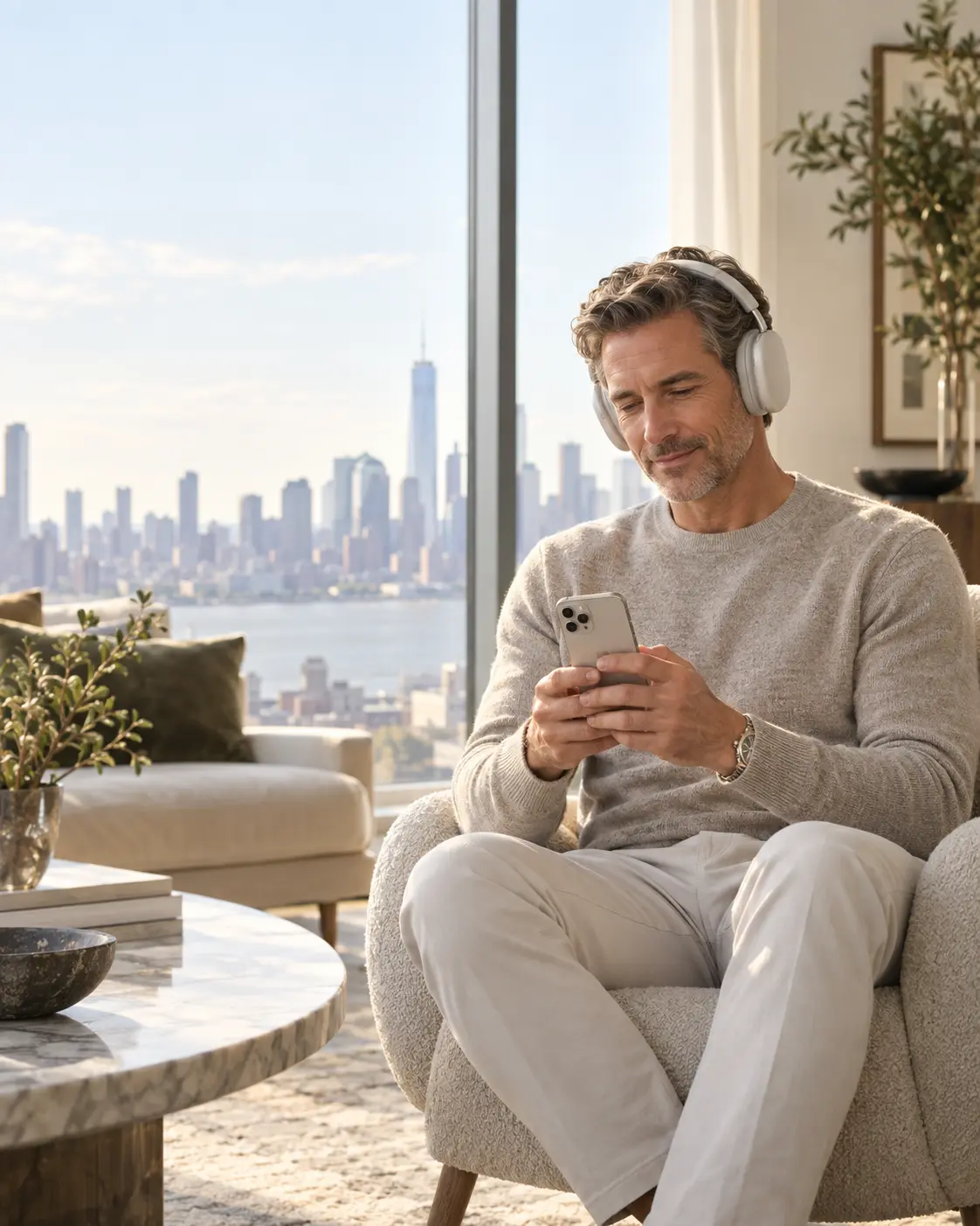 A healthy midlife man looking at the Longivy app while listening with headphones in a bright city apartment