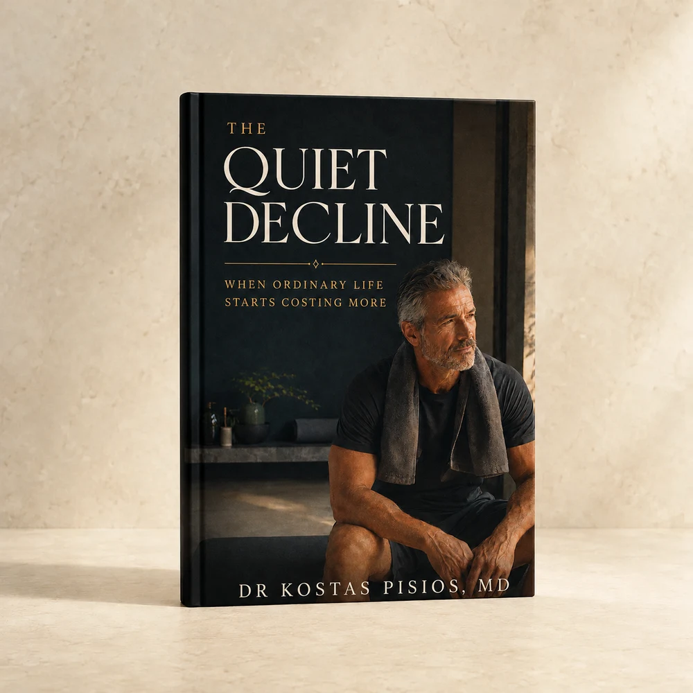The Quiet Decline by Dr Kostas Pisios, MD — upright book mockup