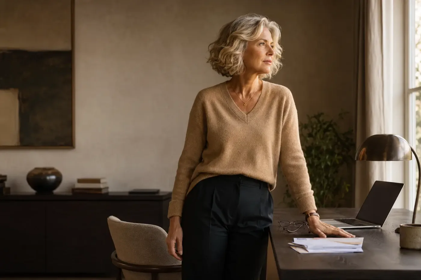 A woman standing at her desk, pausing mid-afternoon