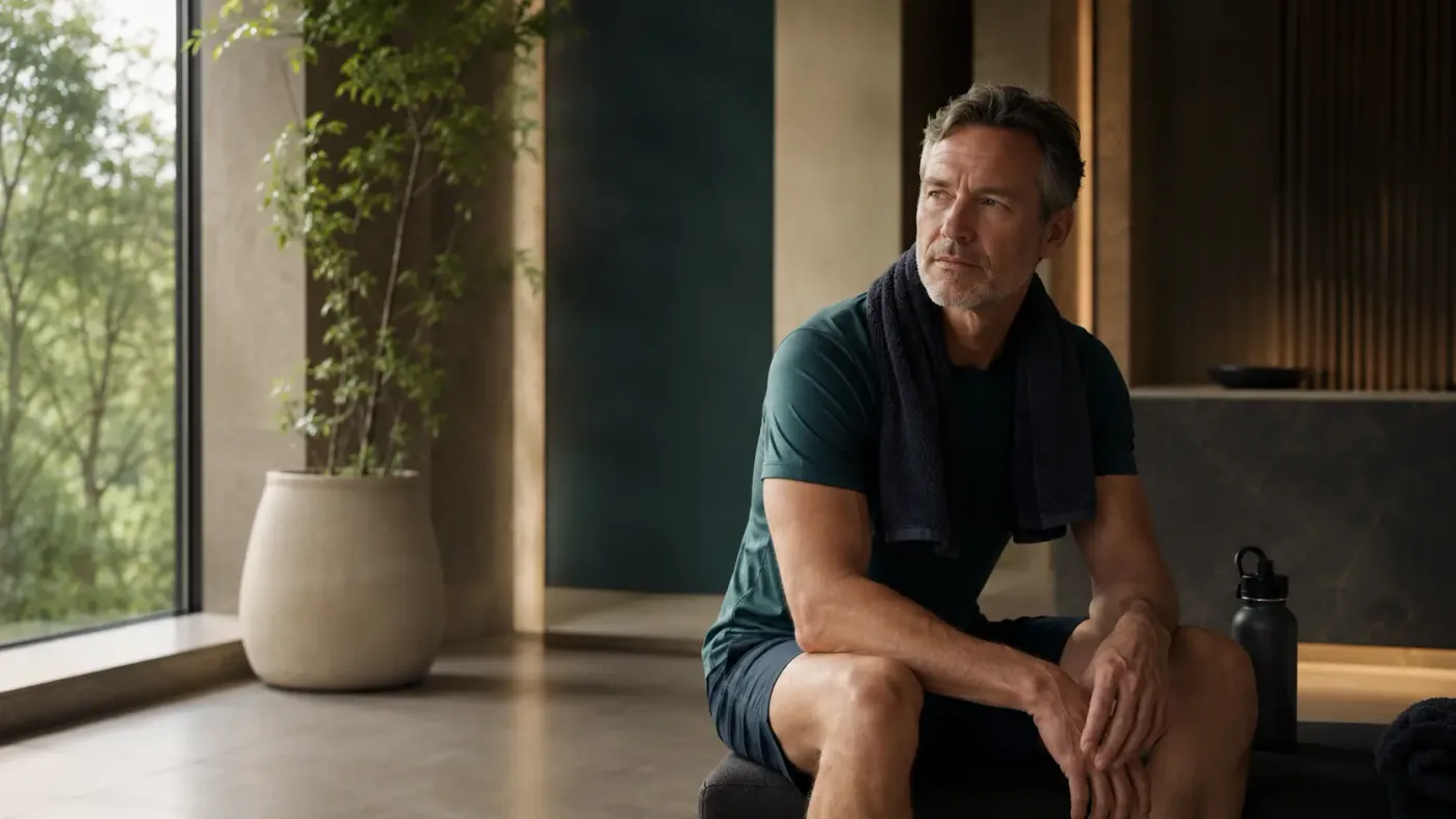 A man sitting quietly after training, towel around his shoulders