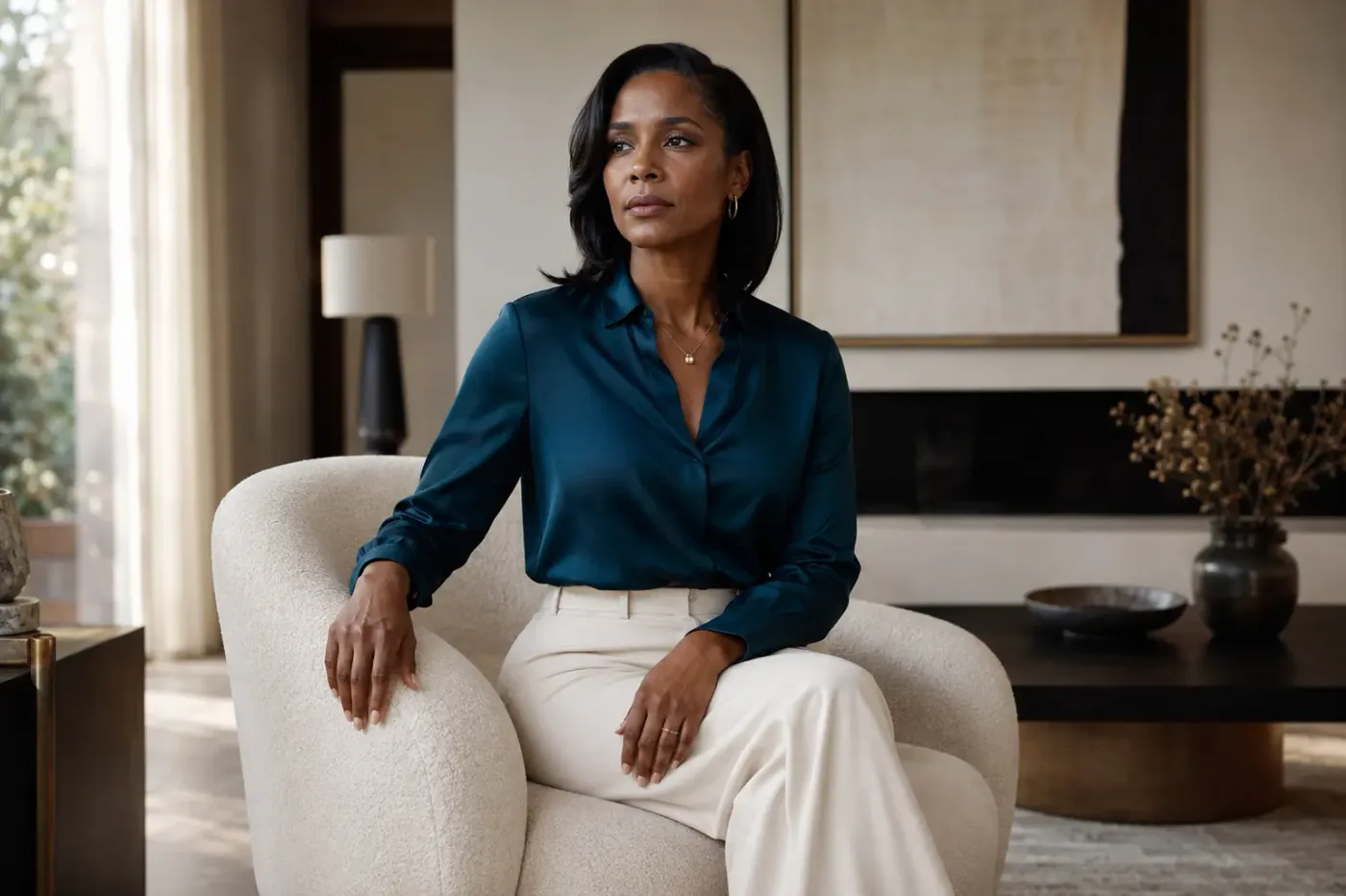 A woman sitting alone in a quiet living room, thinking