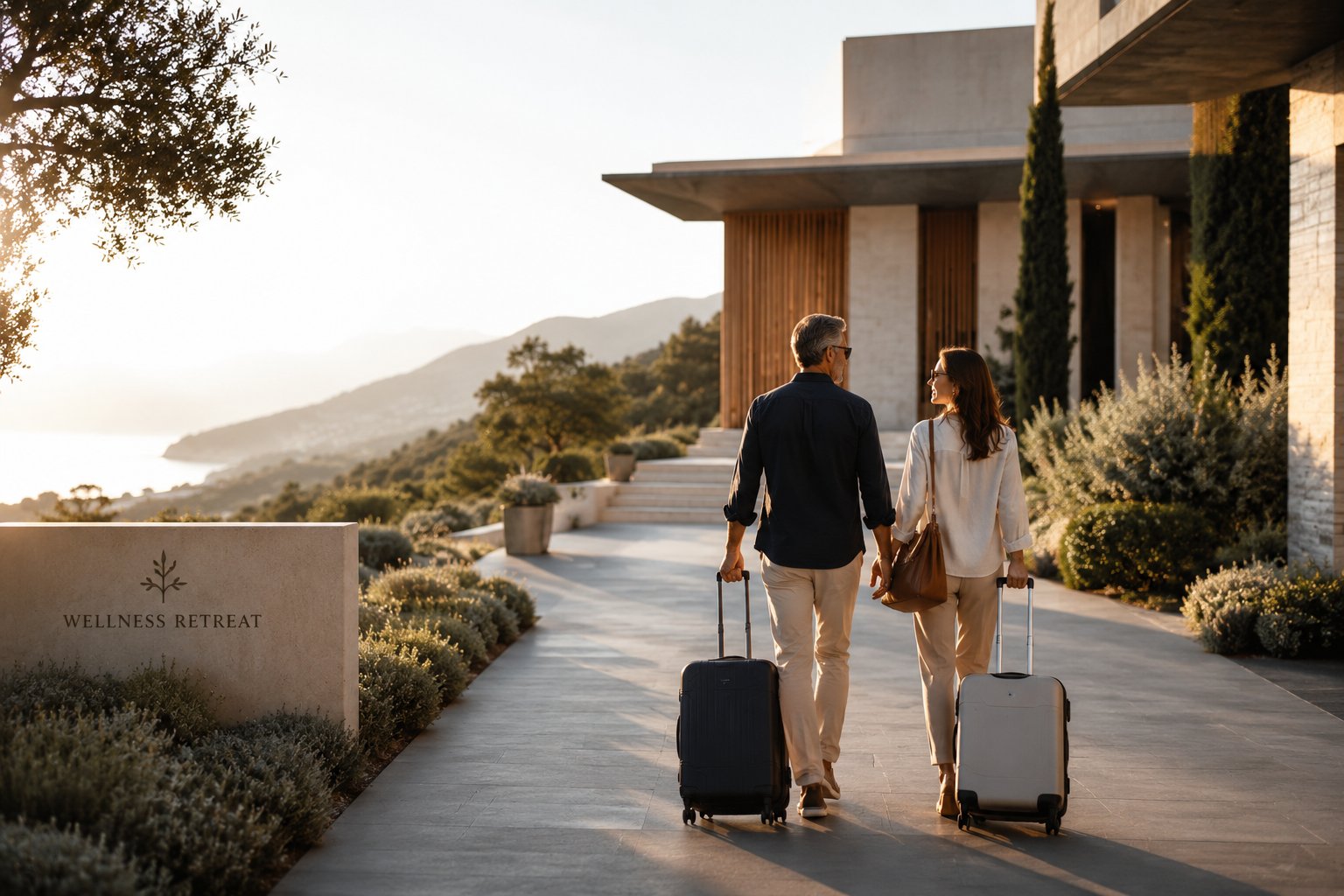 An elegant couple arrives at a world-class wellness resort — the experience your clients will remember