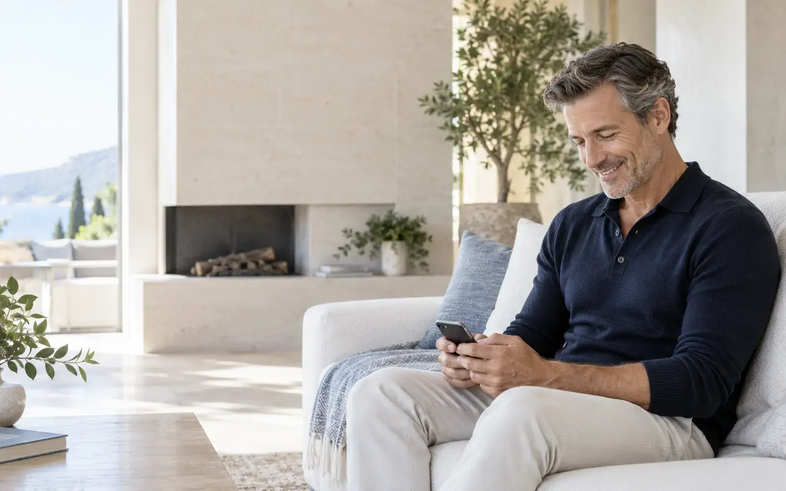 A man seated in a refined wellness space smiling as he reviews Longivy on his phone