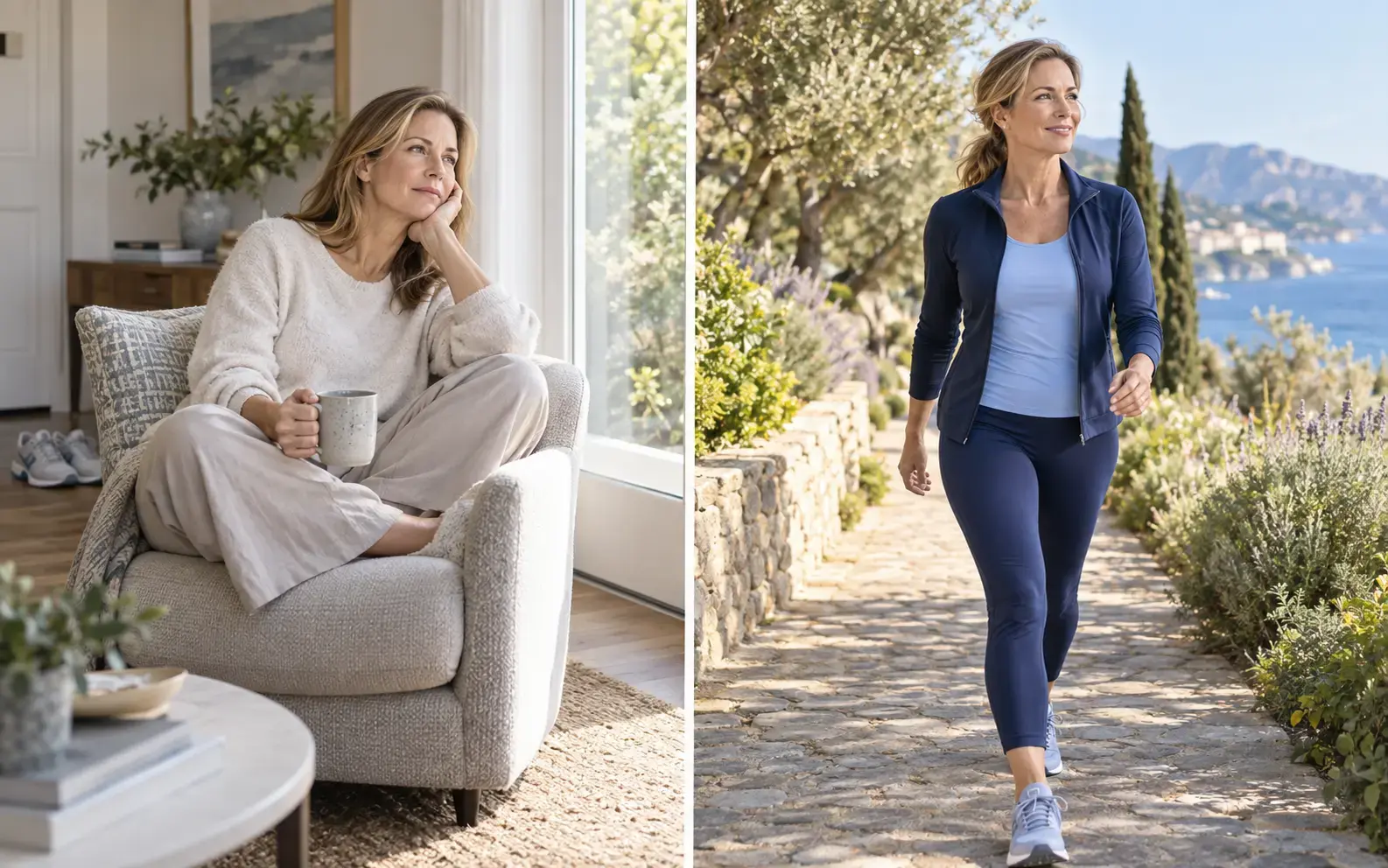 The same woman at rest before a lifestyle change and walking actively afterwards